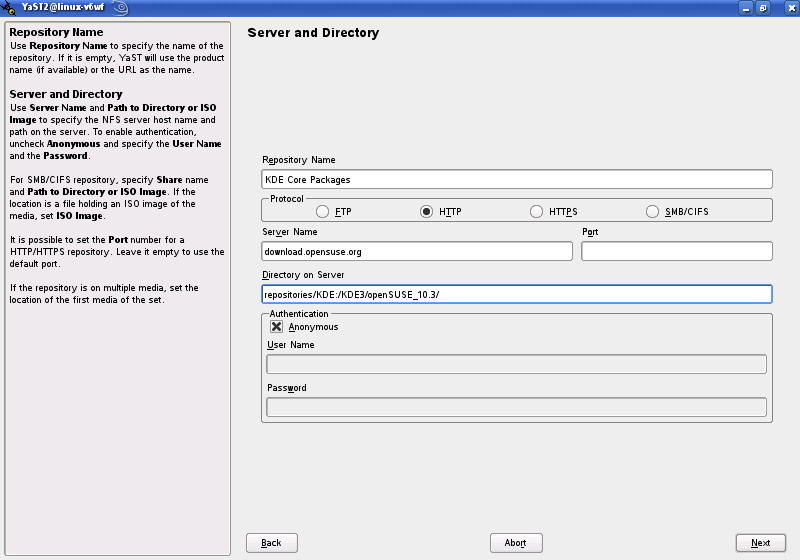 A screen shot of setting up a repository manually in YaST