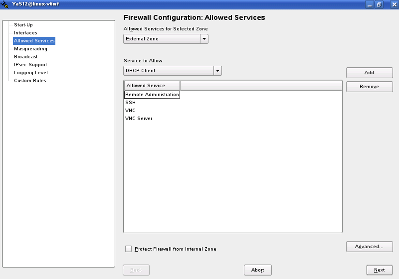 A screen shot of the Allowed Services for the Firewall