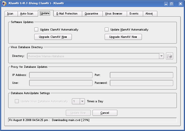 A screen shot of KlamAV updating its virus database