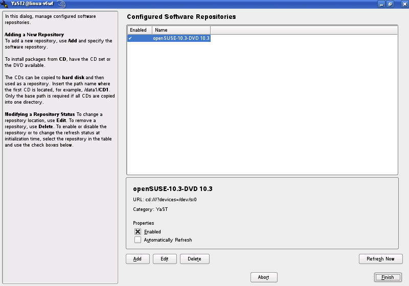 A screen shot of the YaST Repositories dialog