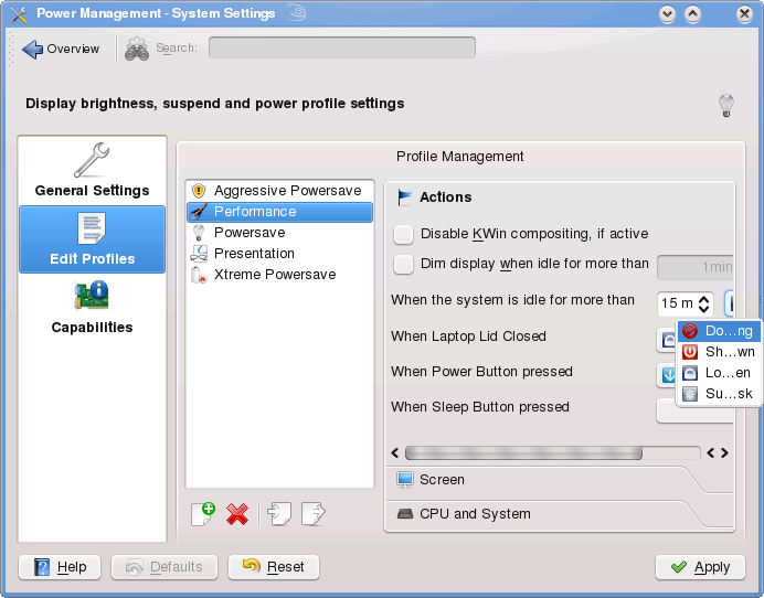 KDE Power Savings dialog screen shot
