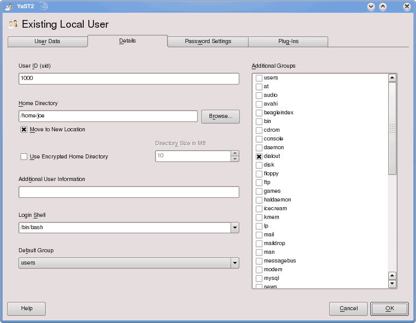 YaST User Groups dialog screen shot