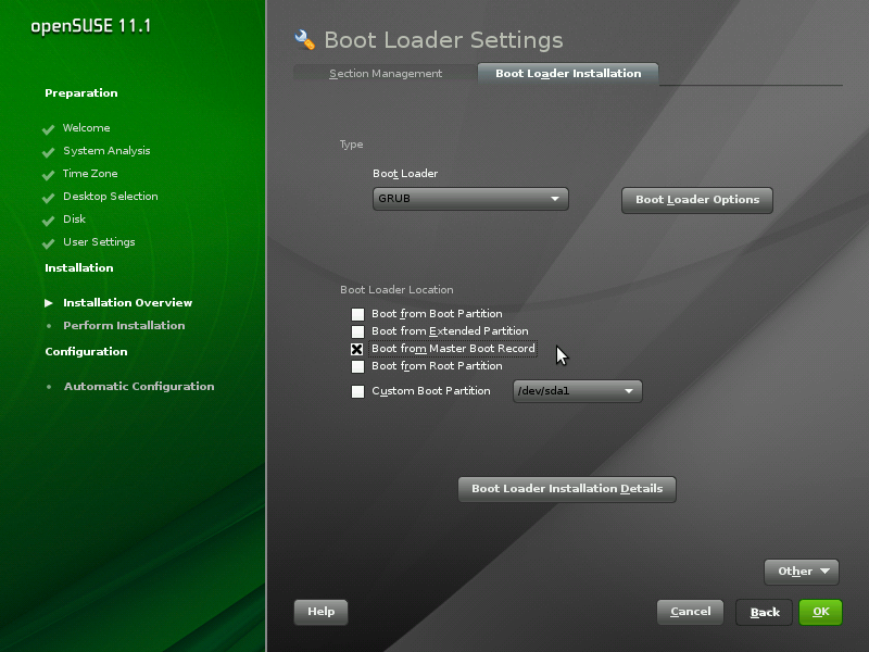 Editing the installation Boot Loader screen shot