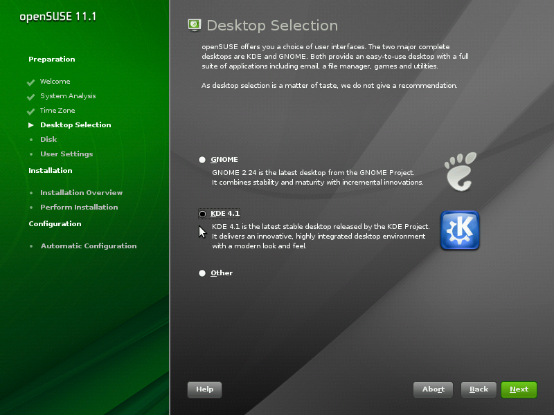 Desktop environment choice screen shot
