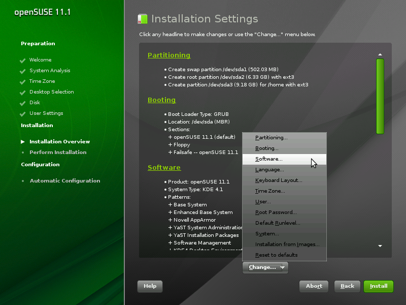 YaST installation pattern choice screen shot