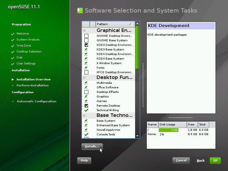 Details of the installation patterns screen shot