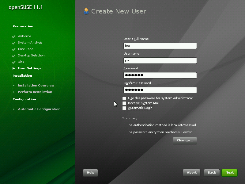 User settings screen shot