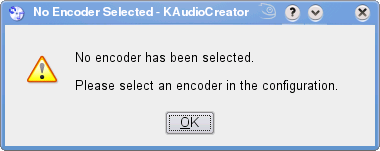 KAudioCreator No Encoder Warning screen shot