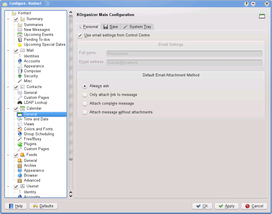 Kontact’s Settings Dialog screen shot