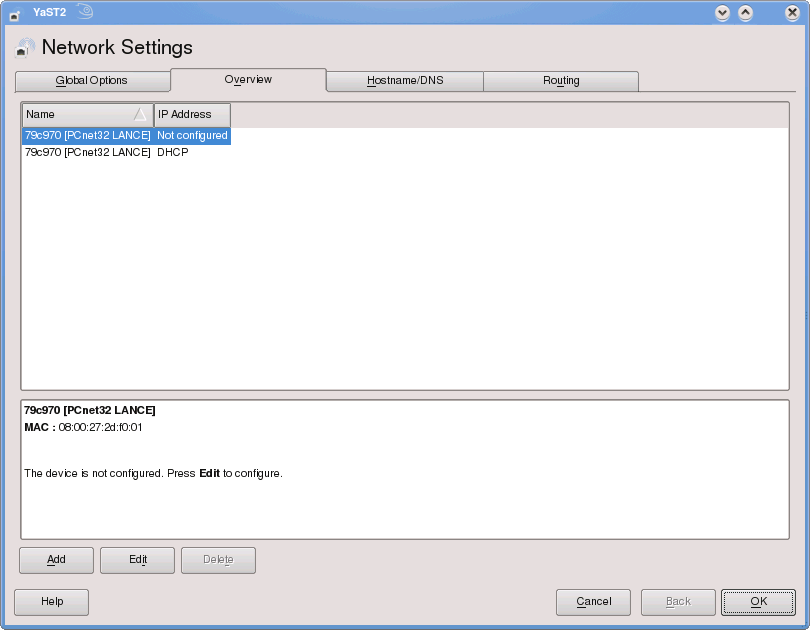 YaST Network Settings dialog screen shot