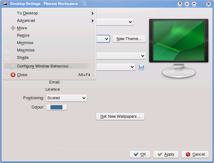 Screen shot illustrating how to open the Window Behaviour dialog