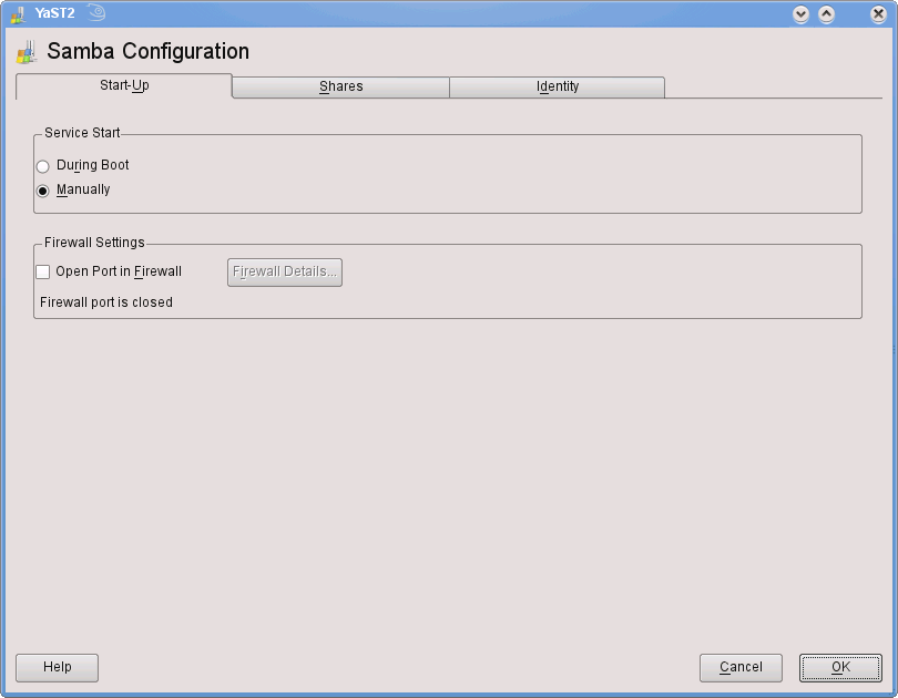 The YaST Samba Server configuration dialog screen shot