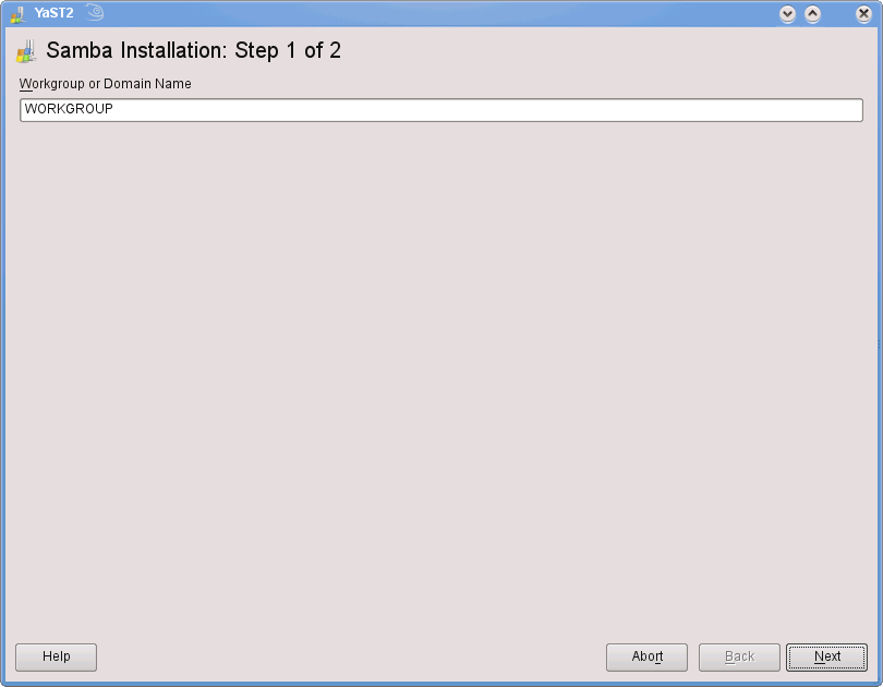 The YaST Samba Server Wizard (1/2) screen shot