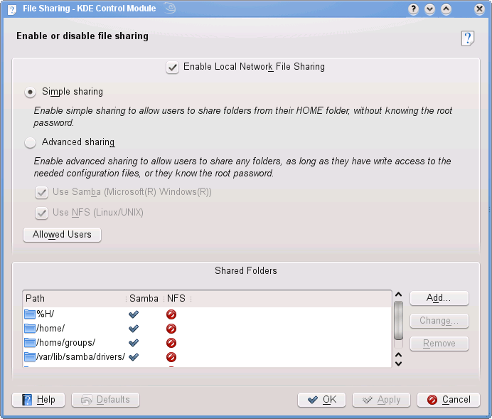 KDE Sharing Module screen shot
