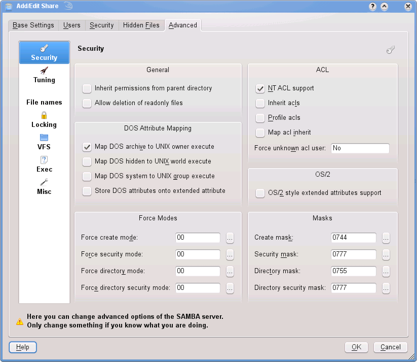 Samba Folder configuration dialog screen shot