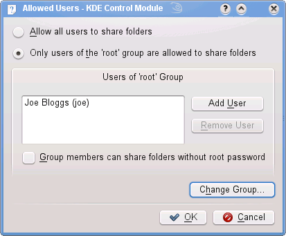 The completed dialog to choose the users for Samba Sharing screen shot