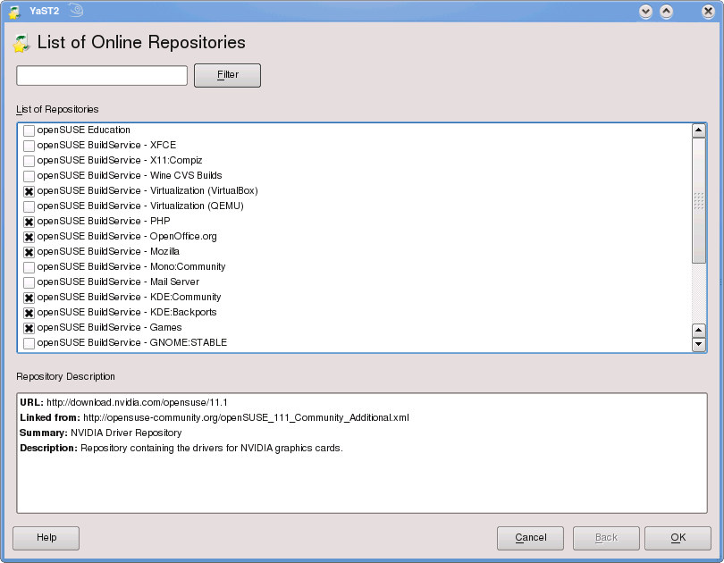 YaST Community Repositories dialog screen shot