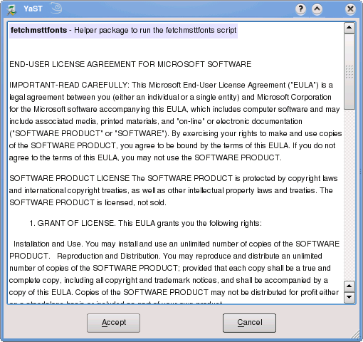 A EULA in YaST screen shot