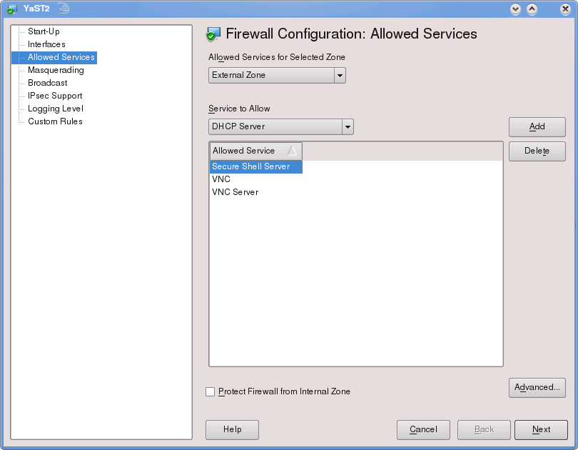 The Allowed Services for the Firewall screen shot