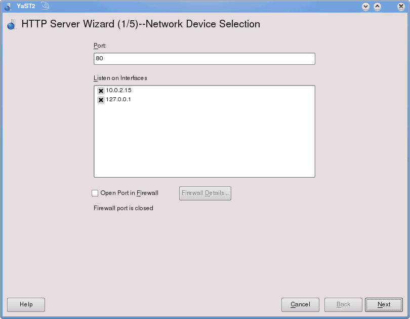 The YaST HTTP Server Wizard (1/5) screen shot