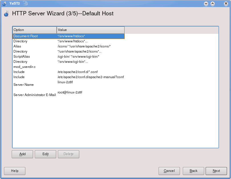 The YaST HTTP Server Wizard (3/5) screen shot