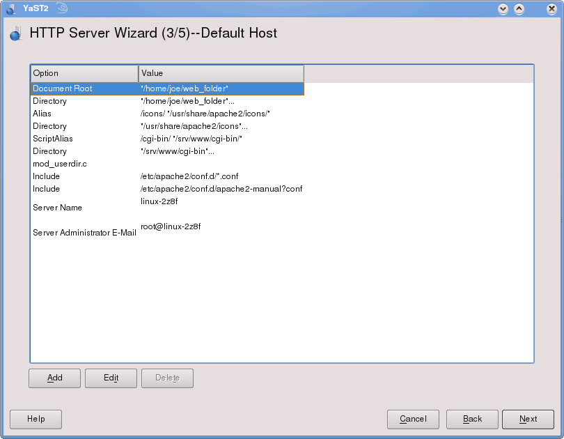 The YaST HTTP Server Wizard (3/5) Completed screen shot